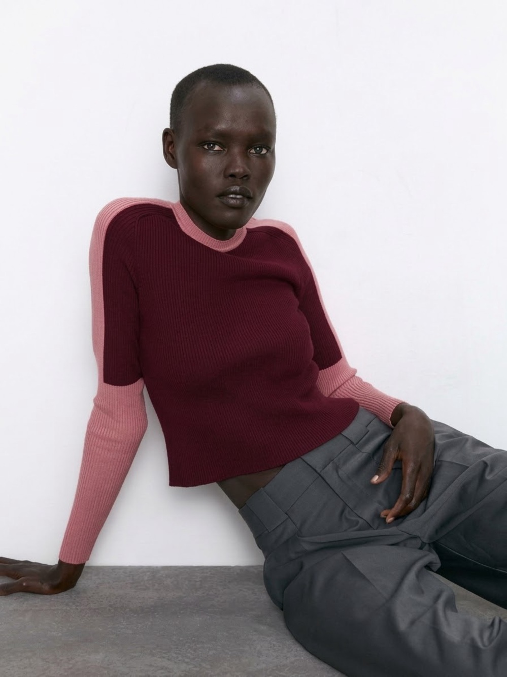Zara Colorblock Ribbed Knit Cropped Sweater Burgundy Dusty Pink Crew Neck Size S